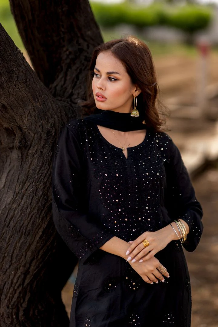 Black Mukesh Chikankari Set - Image 4