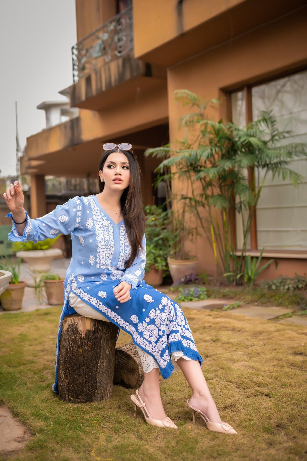 Ombre Blue Chikankari Kurta - Image 5
