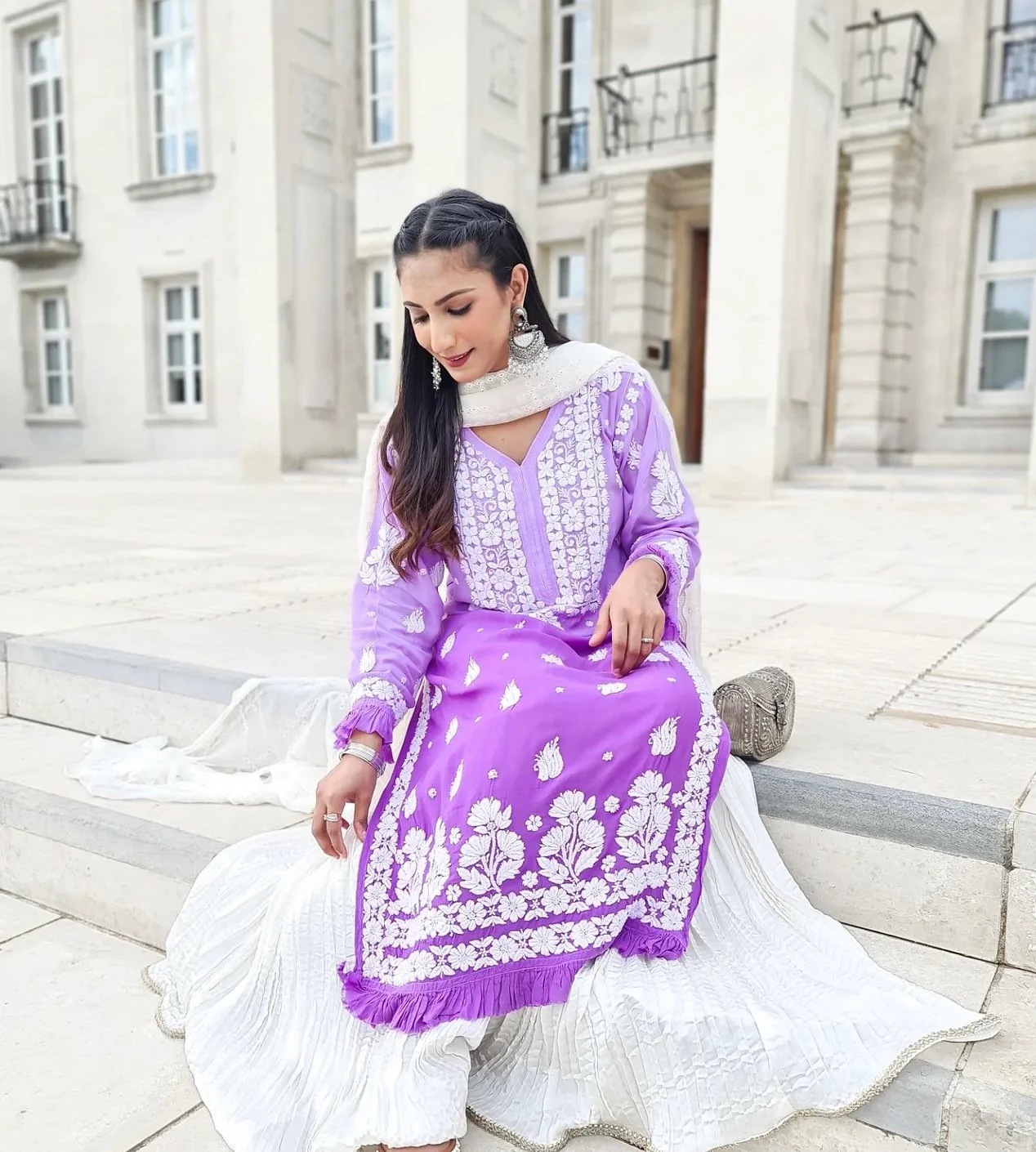 OmbreBlue/Purple Chikankari Kurta with Crush Pants - Image 3