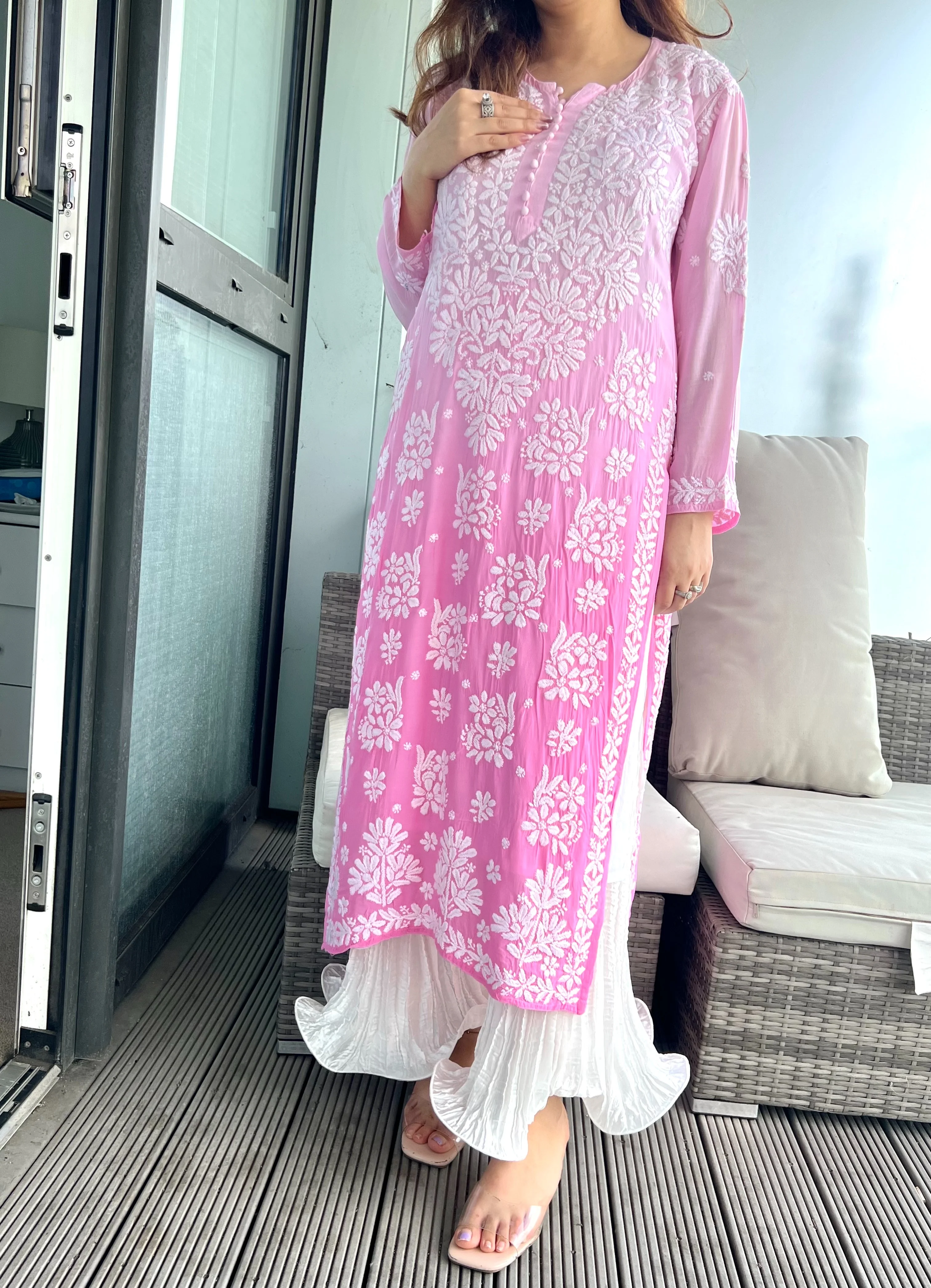 Yellow/Pink Chikankari Kurta - Image 6